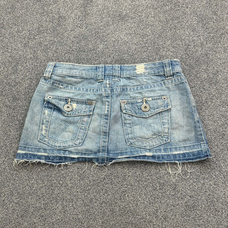 Y2K vintage faded denim distressed low rise mini skirt