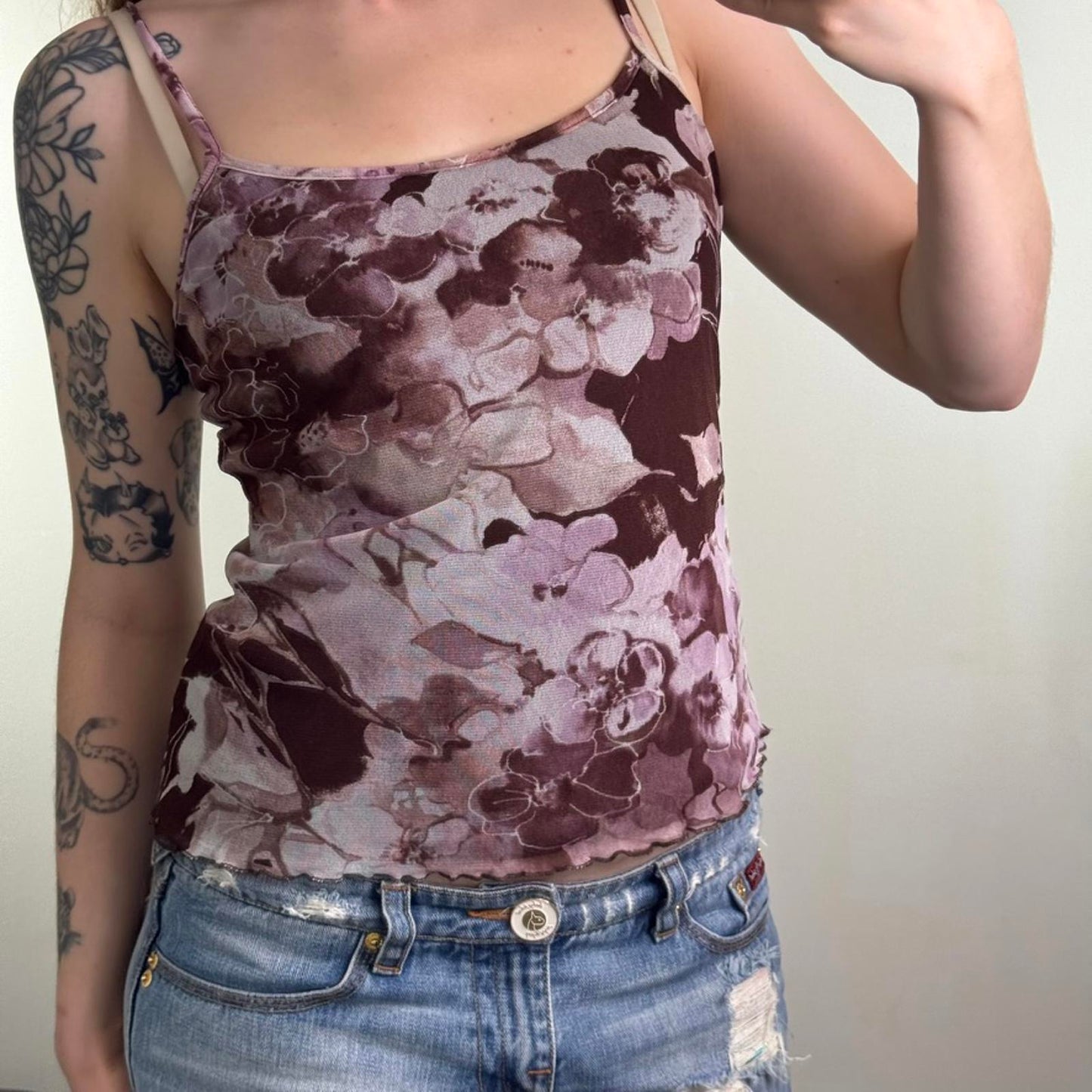 Y2K vintage mesh floral cami top stretchy lettuce hem strappy