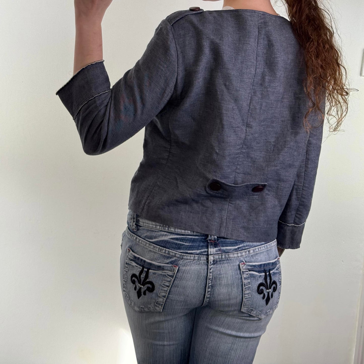 Y2K vintage linen blend pea coat lightweight jacket cropped 3/4 sleeve