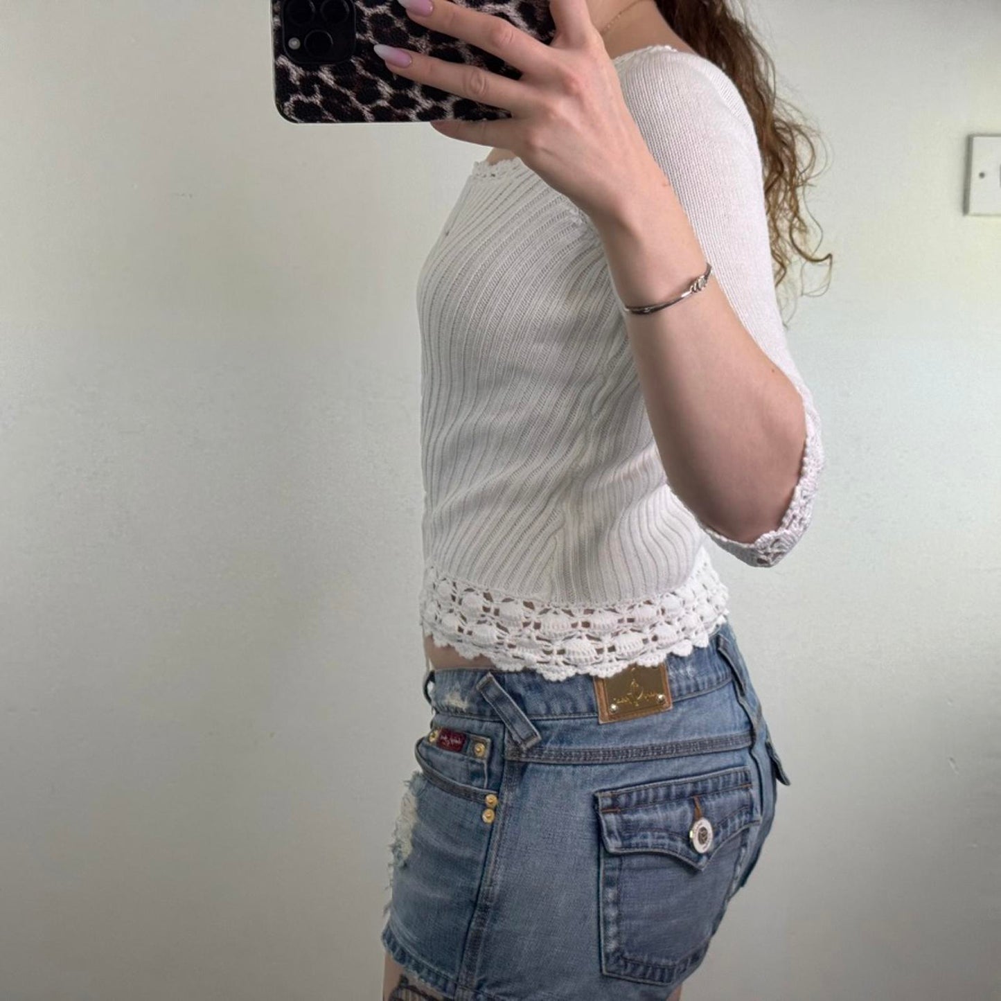 Y2K vintage ribbed knit jumper 3/4 sleeve lace up boat neck scallop hem knitted