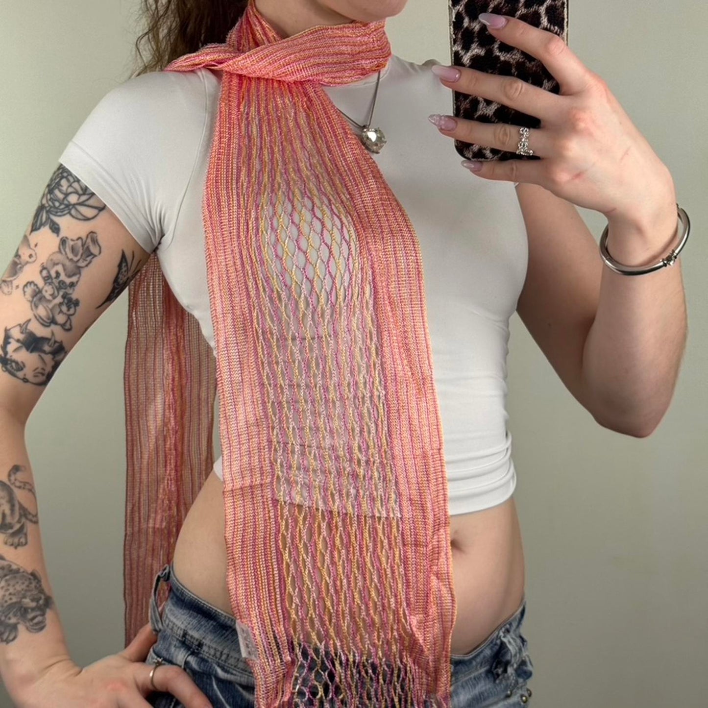 Y2K vintage sheer fine knit stripe scarf fringe orange pink lightweight