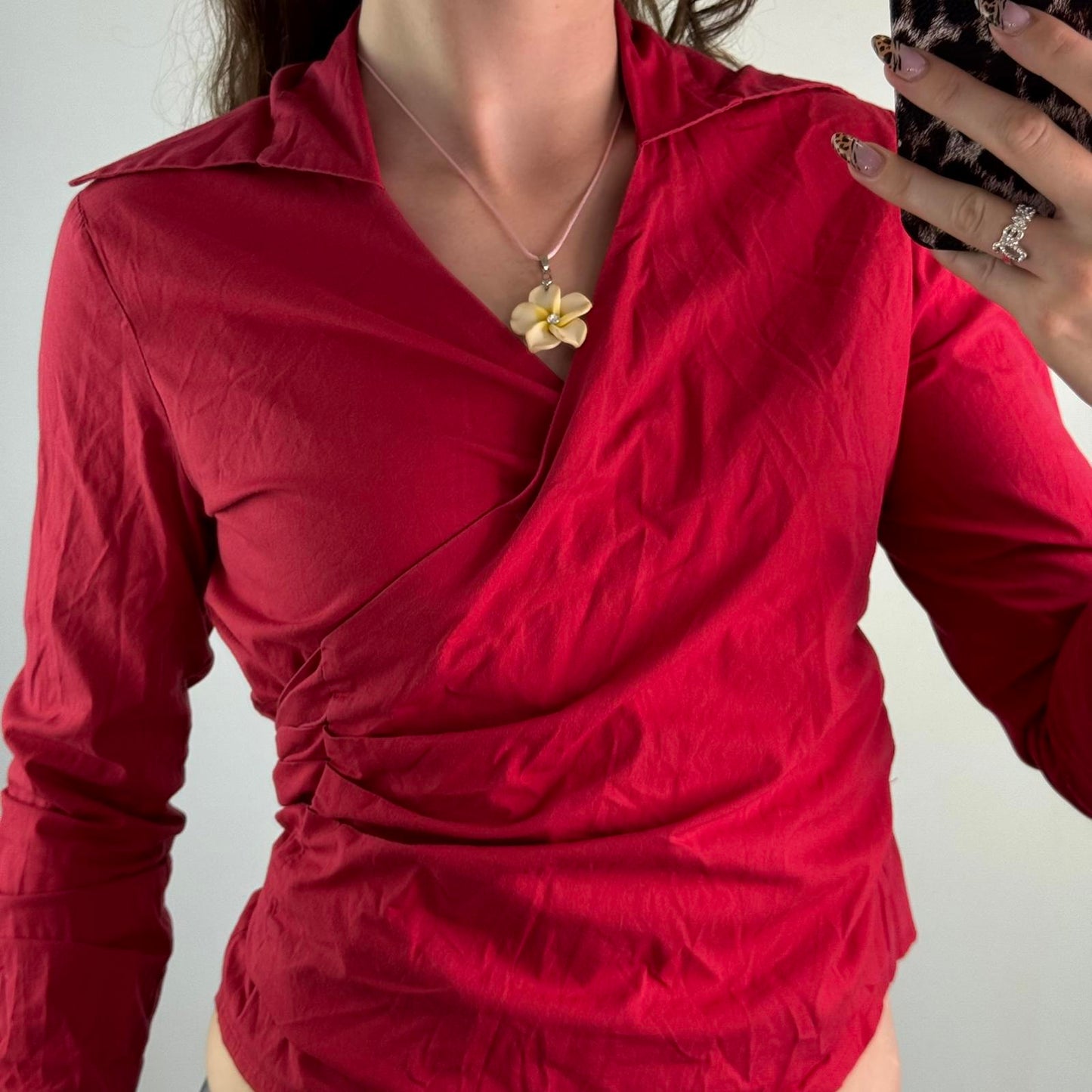 Y2K vintage red ruched long sleeve blouse shirt tie adjustable bow stretchy
