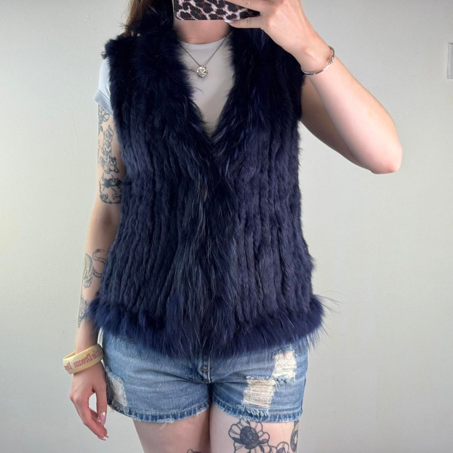 Genuine fur rabbit/ raccoon sleeveless jacket gilet v neck blue