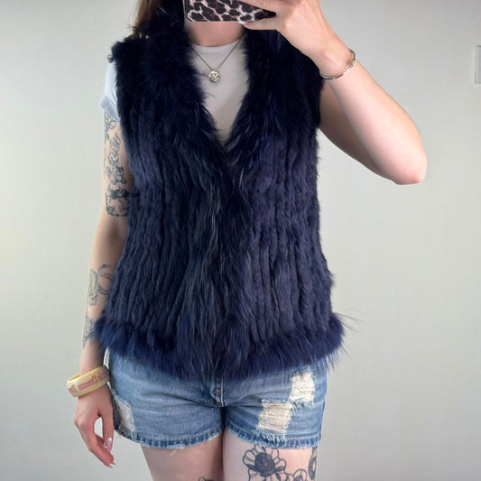 Genuine fur rabbit/ raccoon sleeveless jacket gilet v neck blue