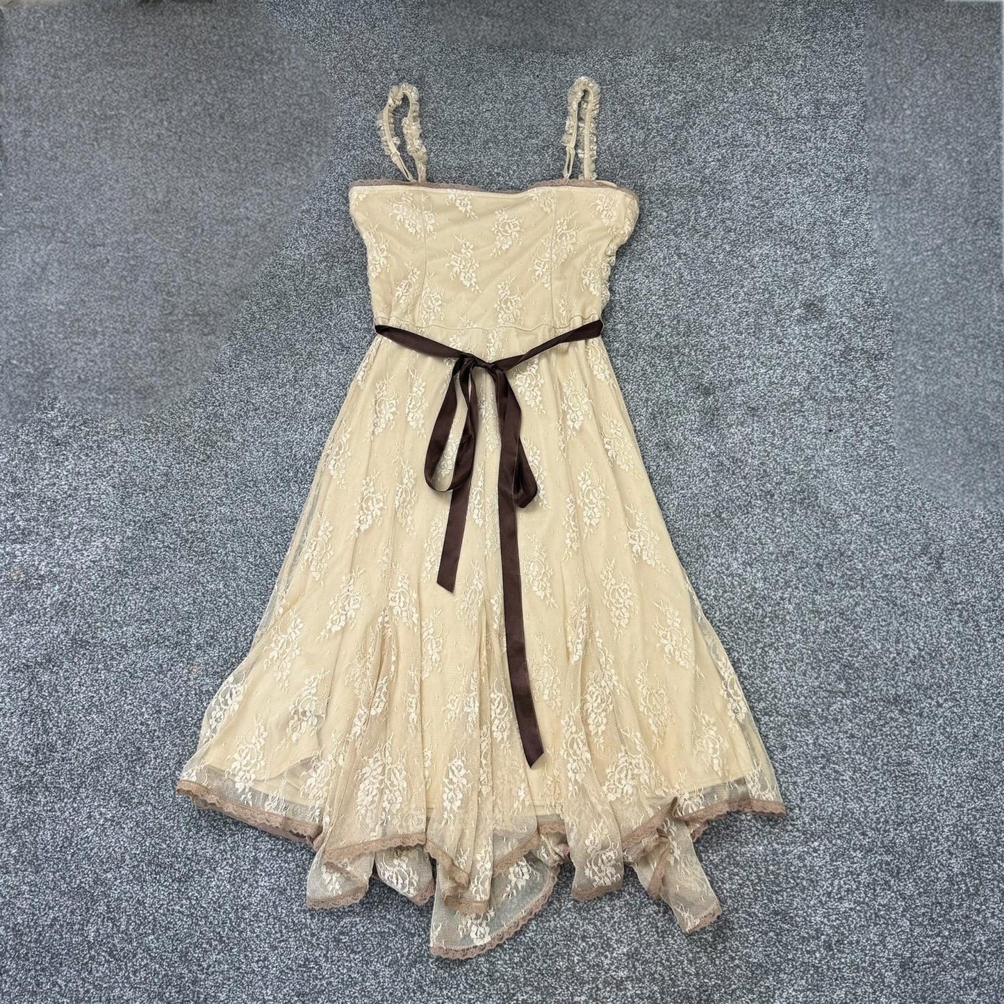 Y2K vintage coquette lace ruched midi dress adjustable bow ruffle asymmetrical