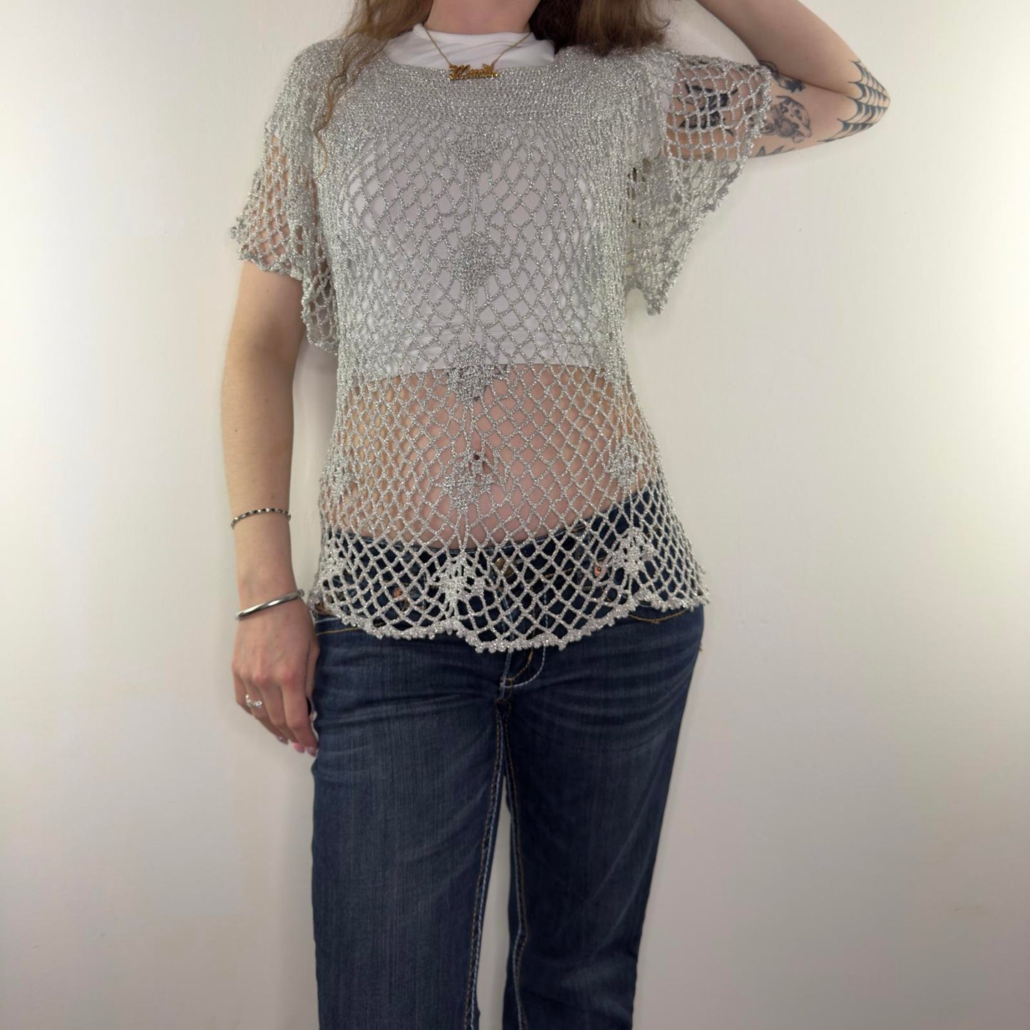 Y2K vintage crochet sparkly square neck top