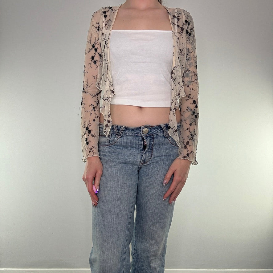 Y2K floral mesh cropped long sleeve cardigan