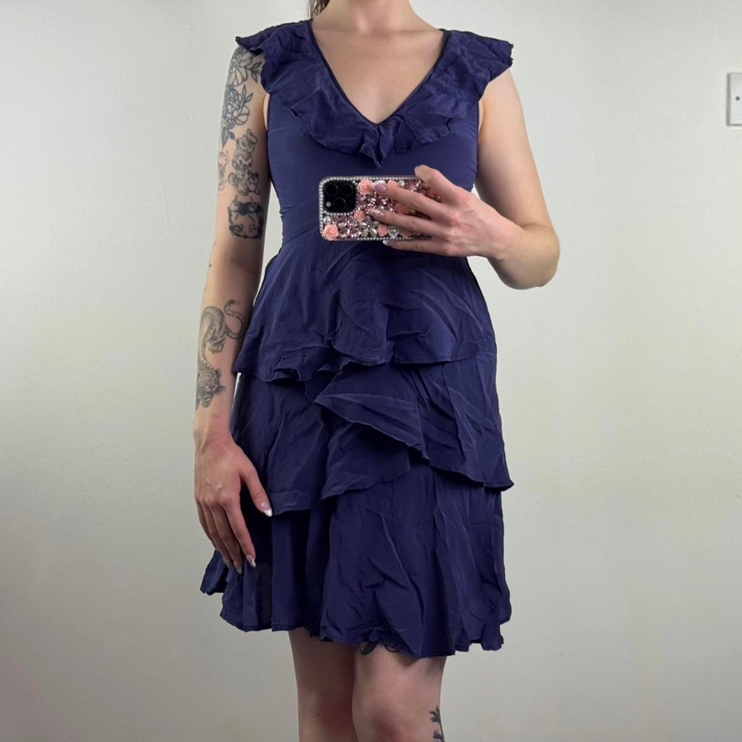 Y2K vintage 100% silk midi dress ruffle layered v neck above knee length purple