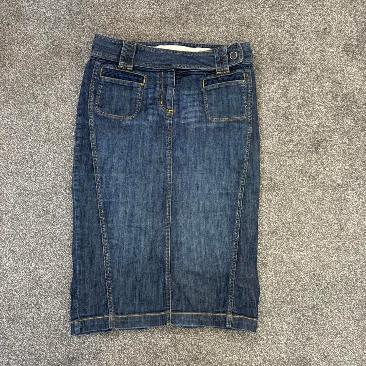 Y2K vintage fitted denim midi skirt dark blue cargo pockets vent slit mid rise