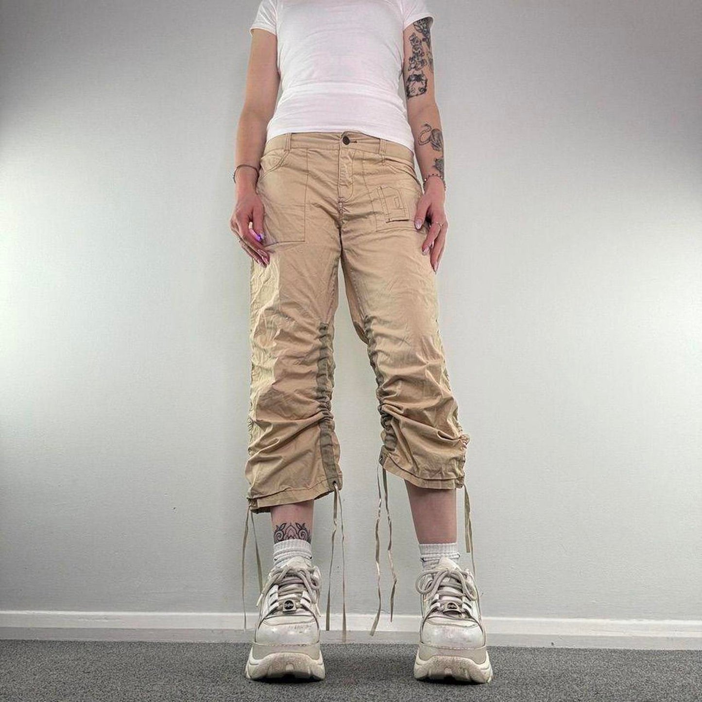 Y2K vintage low rise lace up baggy capri cargo trousers cropped ruched