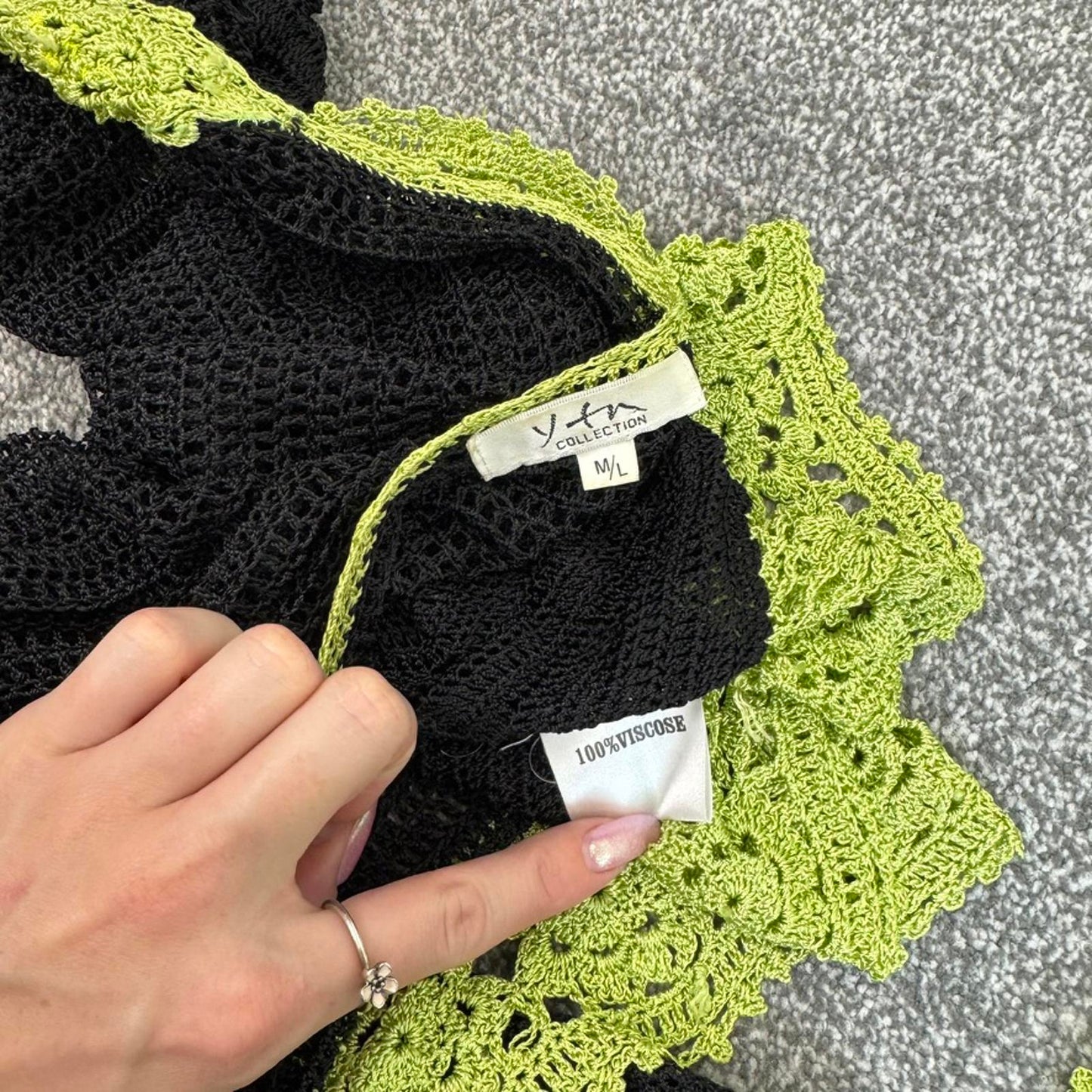 Y2K vintage crochet button up cardigan black green v neck floral pattern sheer