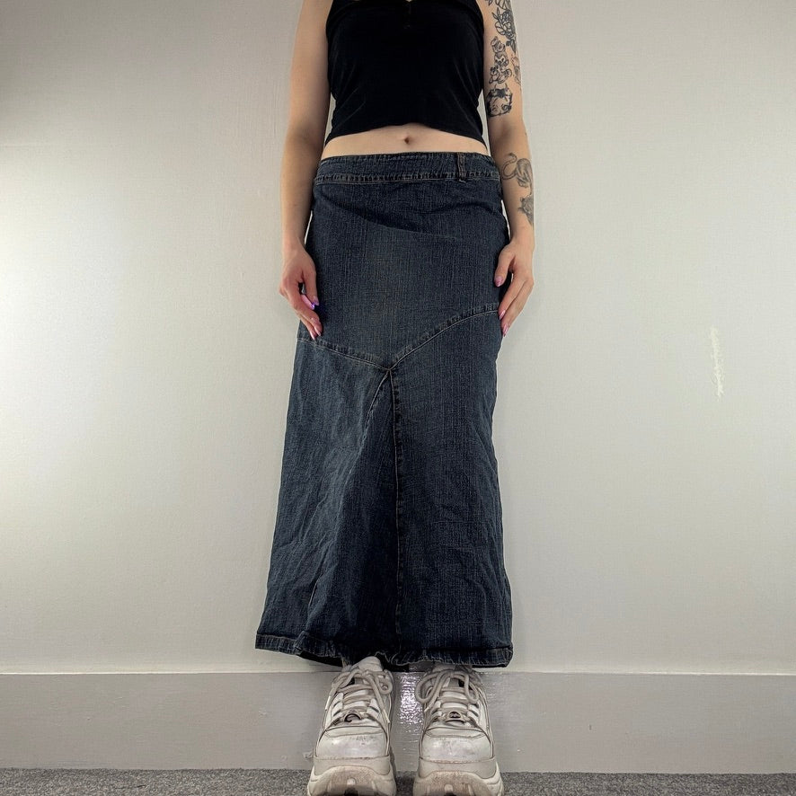 Y2K vintage denim maxi skirt stretchy asymmetrical pattern plus size