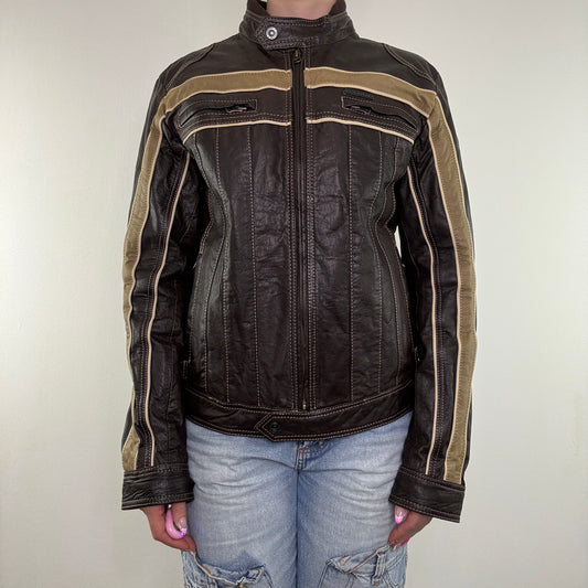 Y2K vintage leather two tone zip up jacket racing biker motorcycle style