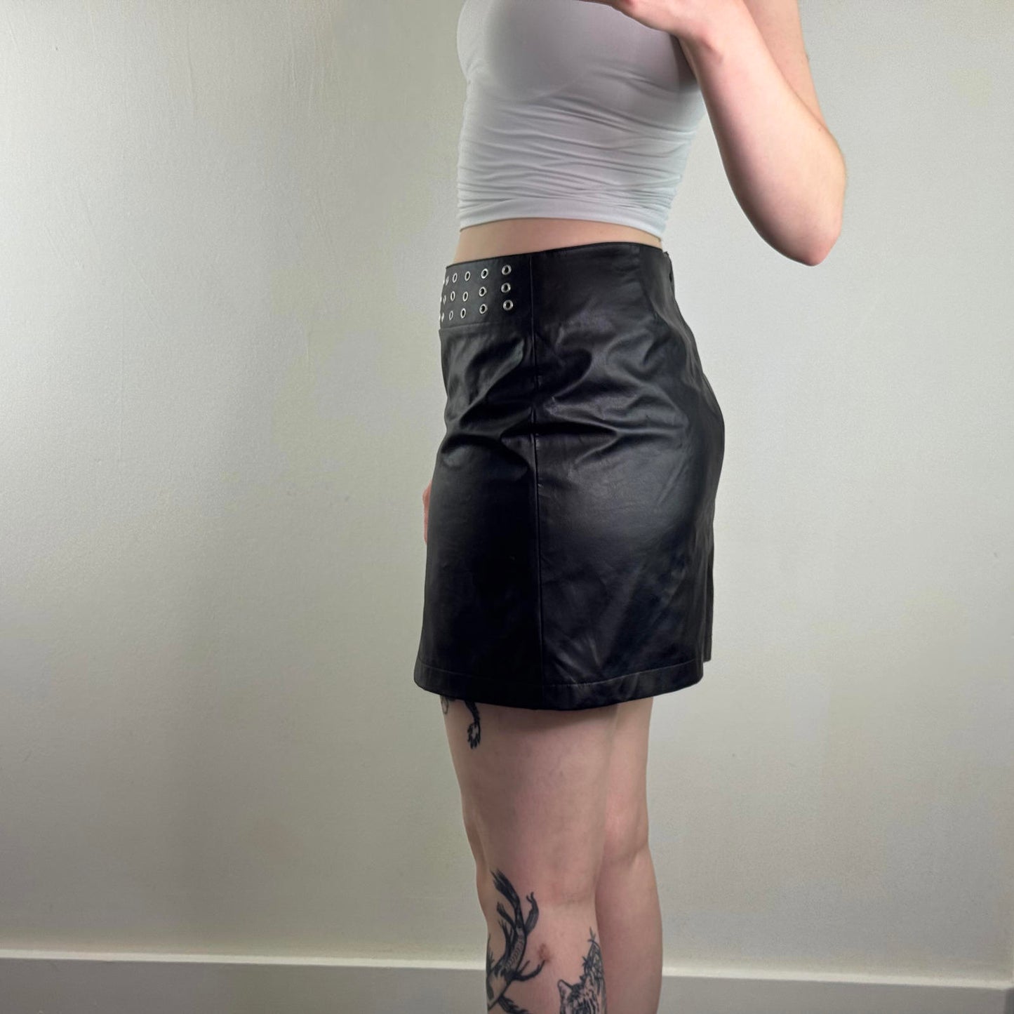 Y2K vintage faux leather studded mini skirt grommet eyelet mid rise alt emo goth