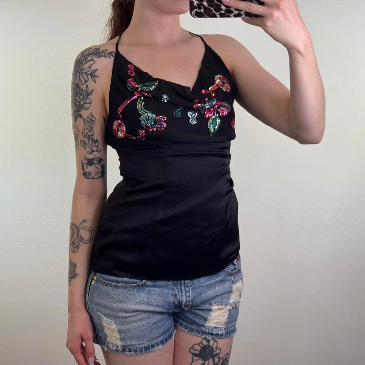 Y2K vintage 100% silk cowl neck top floral beaded halter neck pattern black