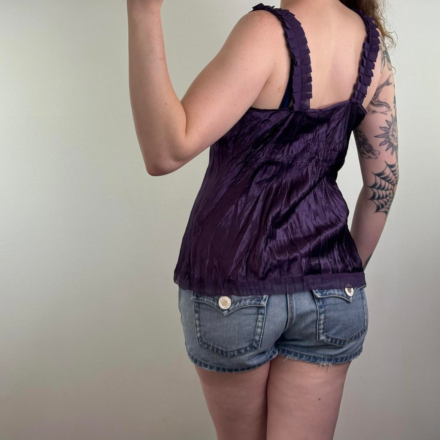 Y2K vintage satin crinkle cami top sequin embellished v neck flowy