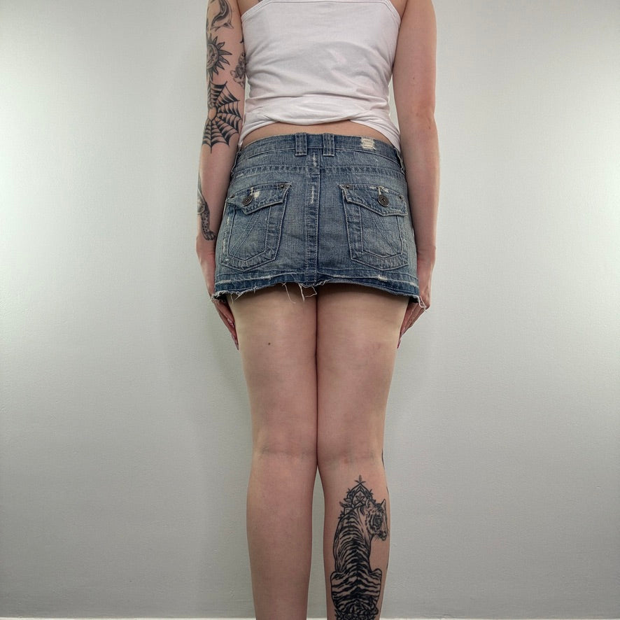 Y2K vintage faded denim distressed low rise mini skirt