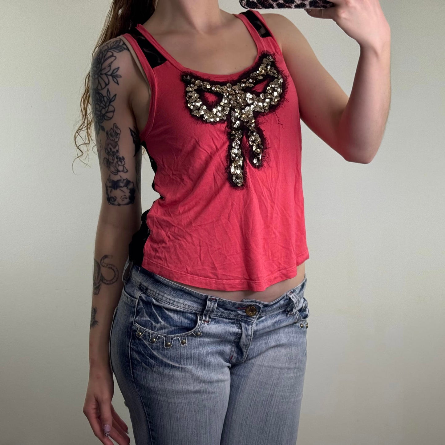Y2K vintage bow sequin lace sheer back tank top fraying round neck slouchy