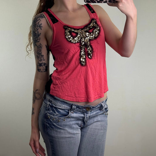 Y2K vintage bow sequin lace sheer back tank top fraying round neck slouchy