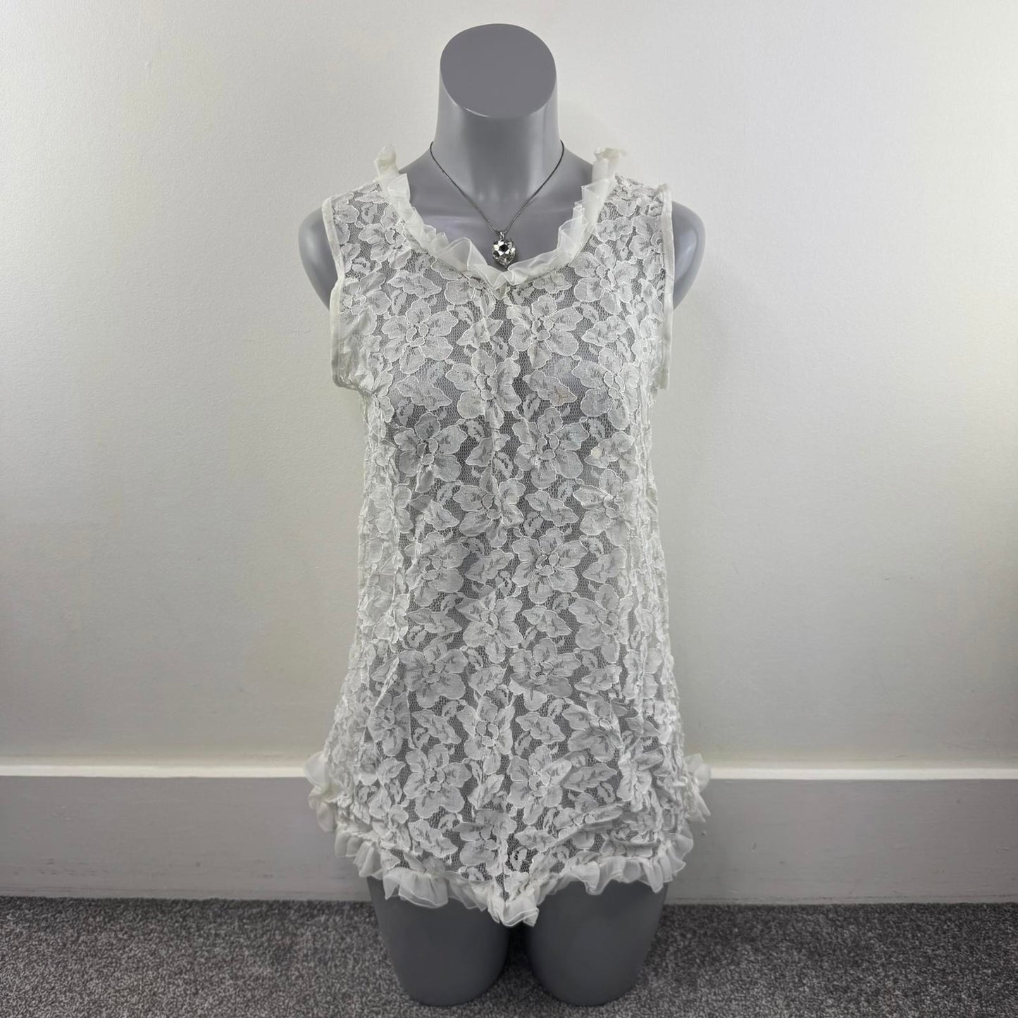 True vintage lace sheer long blouse sleeveless ruffle hem floral white coquette