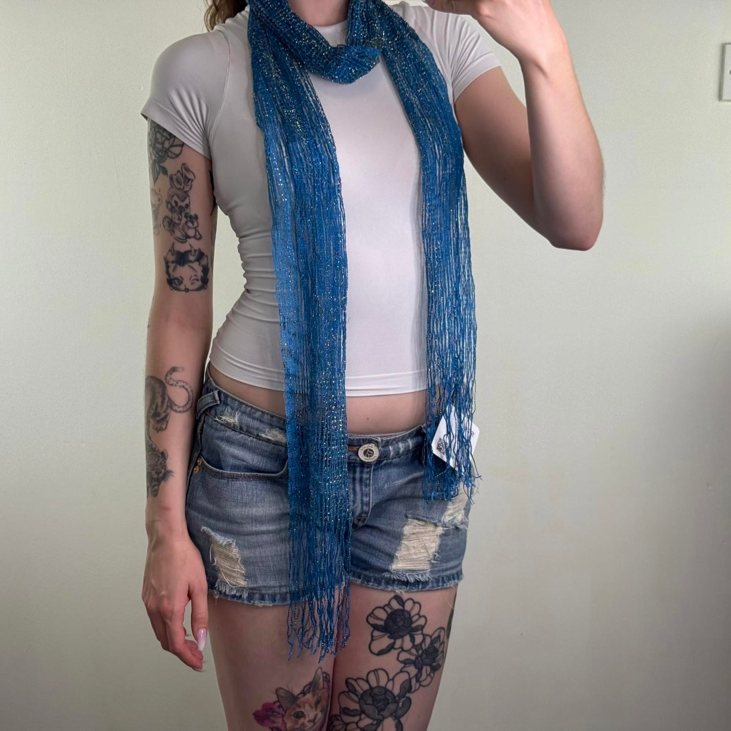Y2K vintage sparkly glitter scarf stripe sheer blue tassel