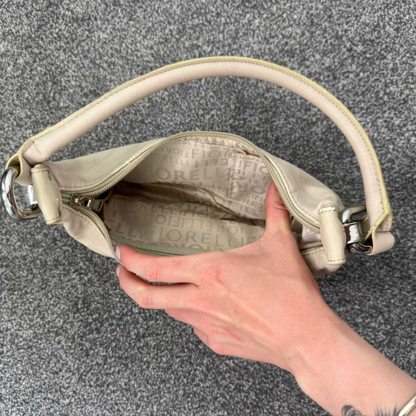 Y2K vintage Fiorelli faux leather mini shoulder bag buckle studded cream silver