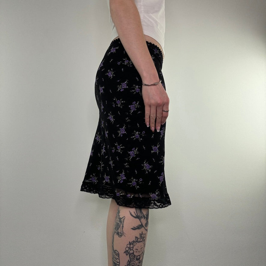 Y2K ditsy floral mesh overlay lace trim midi skirt