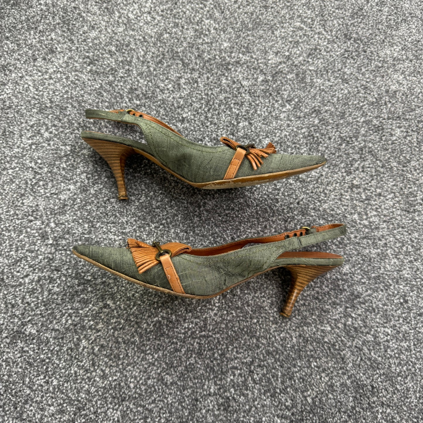 Y2K vintage denim kitten heels pointed leather fringe buckle snaffle bit archive