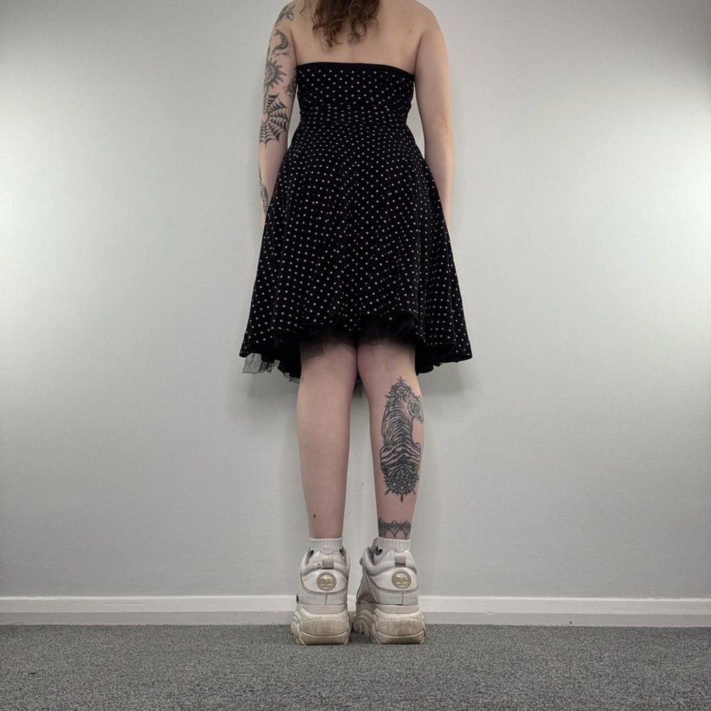 Y2K vintage polka dot midi dress halter neck bow mesh trim a line pink black