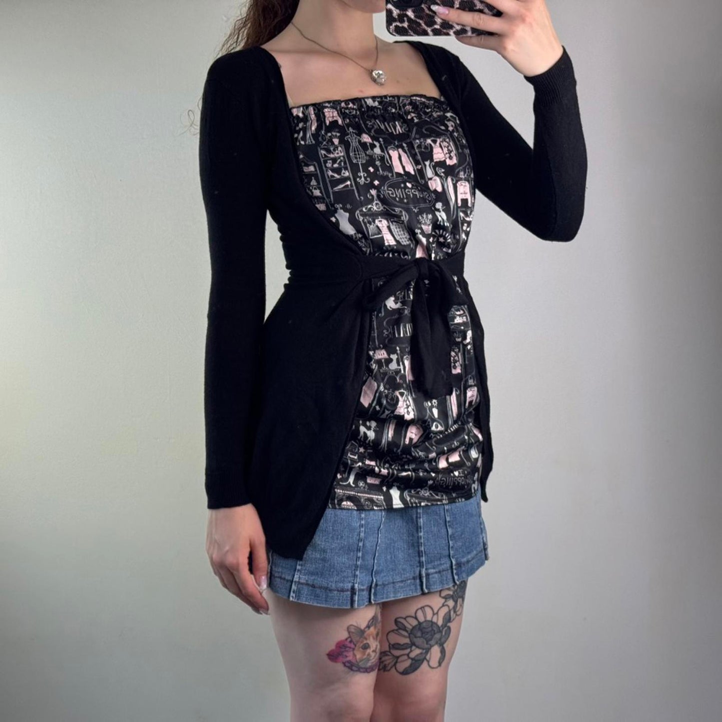 Y2K vintage Killah long sleeve knit top built in cardigan with belt satin print