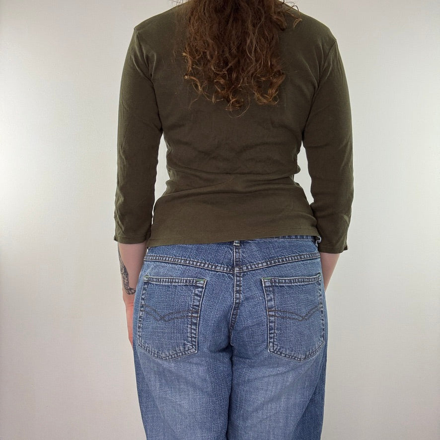 Y2K vintage khaki henley 3/4 sleeve polo top