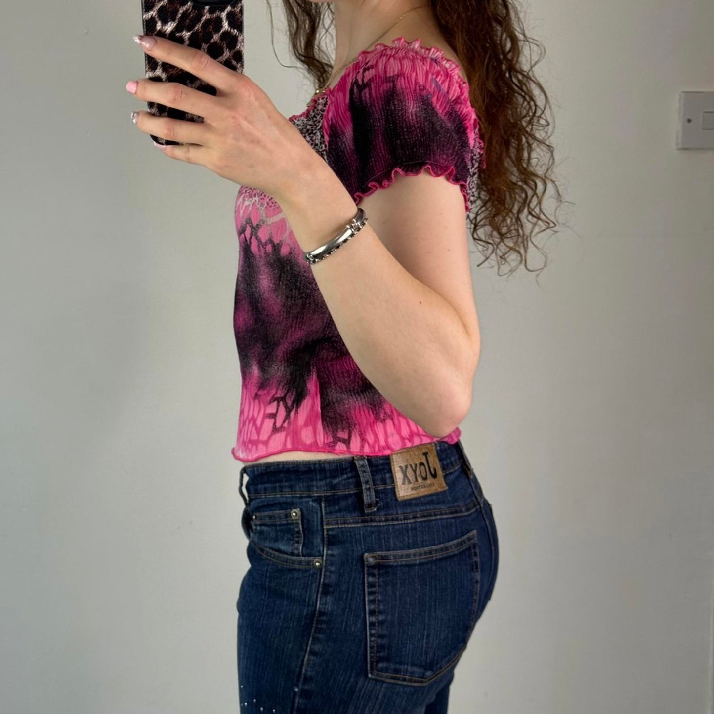 Y2K vintage stretchy off the shoulder leopard print giraffe ombre short sleeve