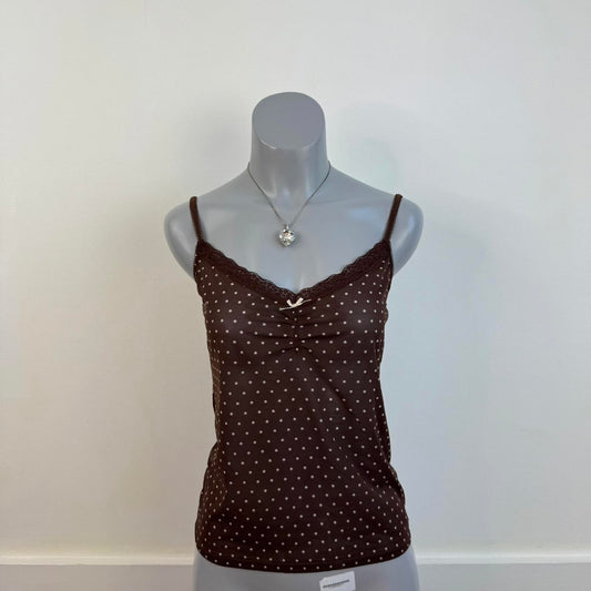 Y2K vintage poka dot mesh cami top bow sheer stretchy v neck lace trim bust
