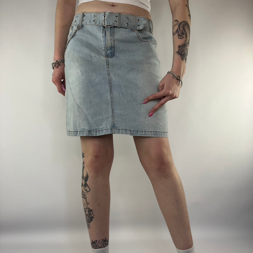 Y2K denim midi skirt with chain grommet belt