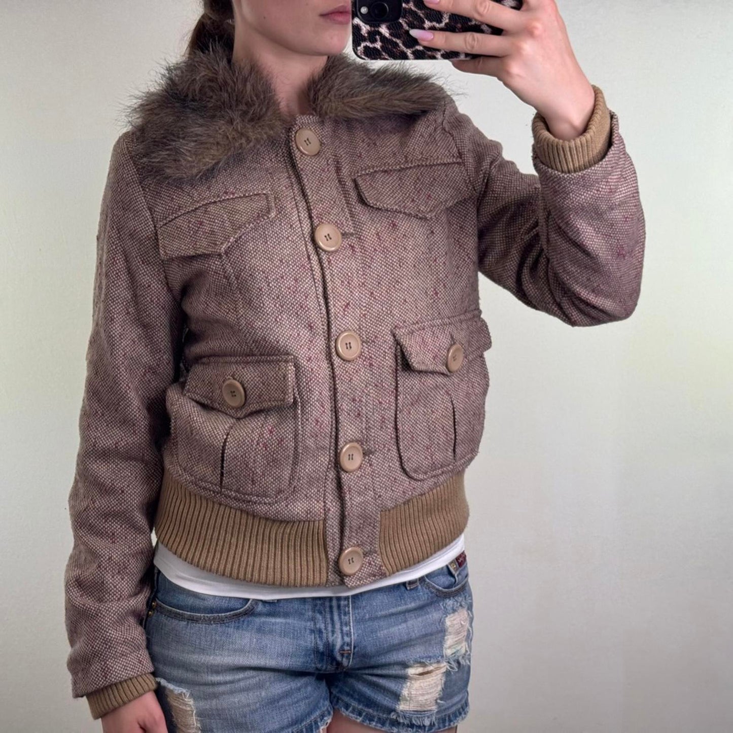 Y2K vintage tweed wool blend button up coat winter jacket faux fur trim collar