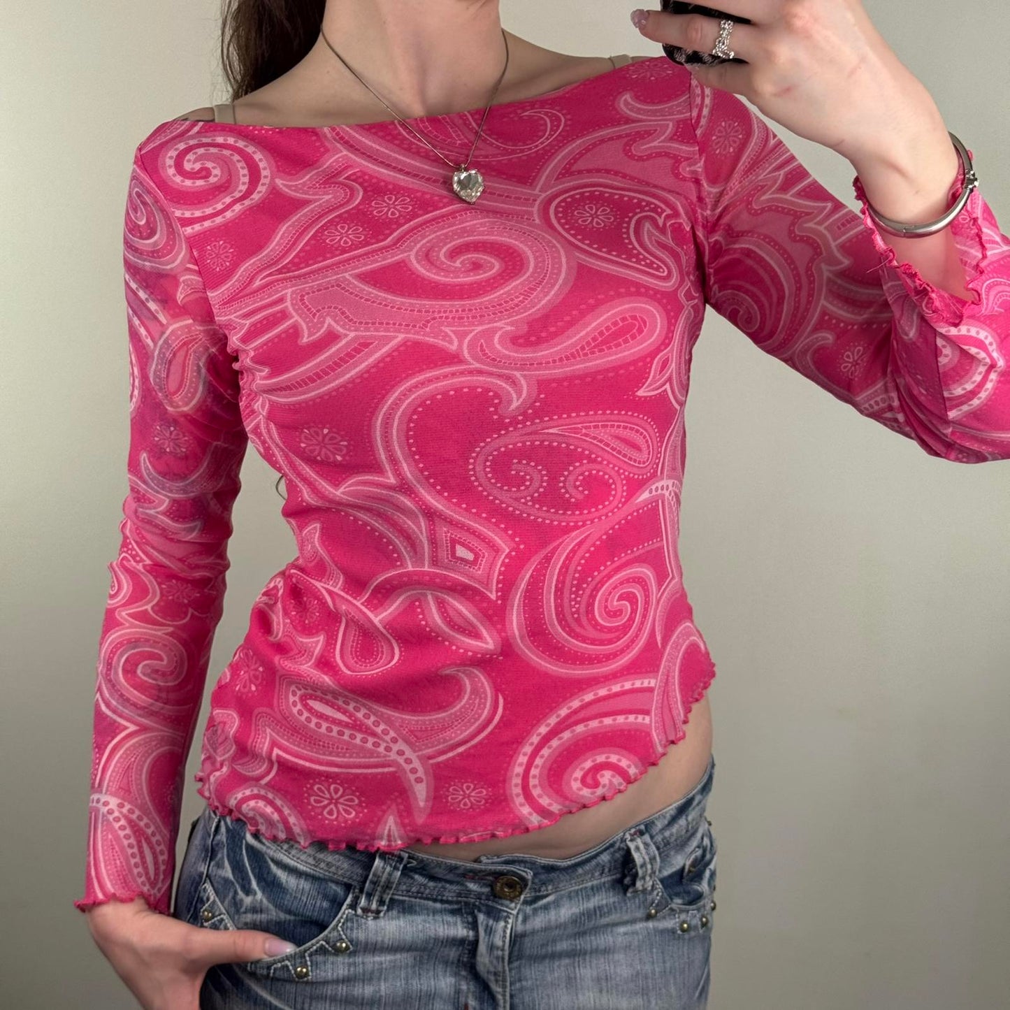 Y2K vintage long sleeve mesh top paisley print boat neck double mesh pink