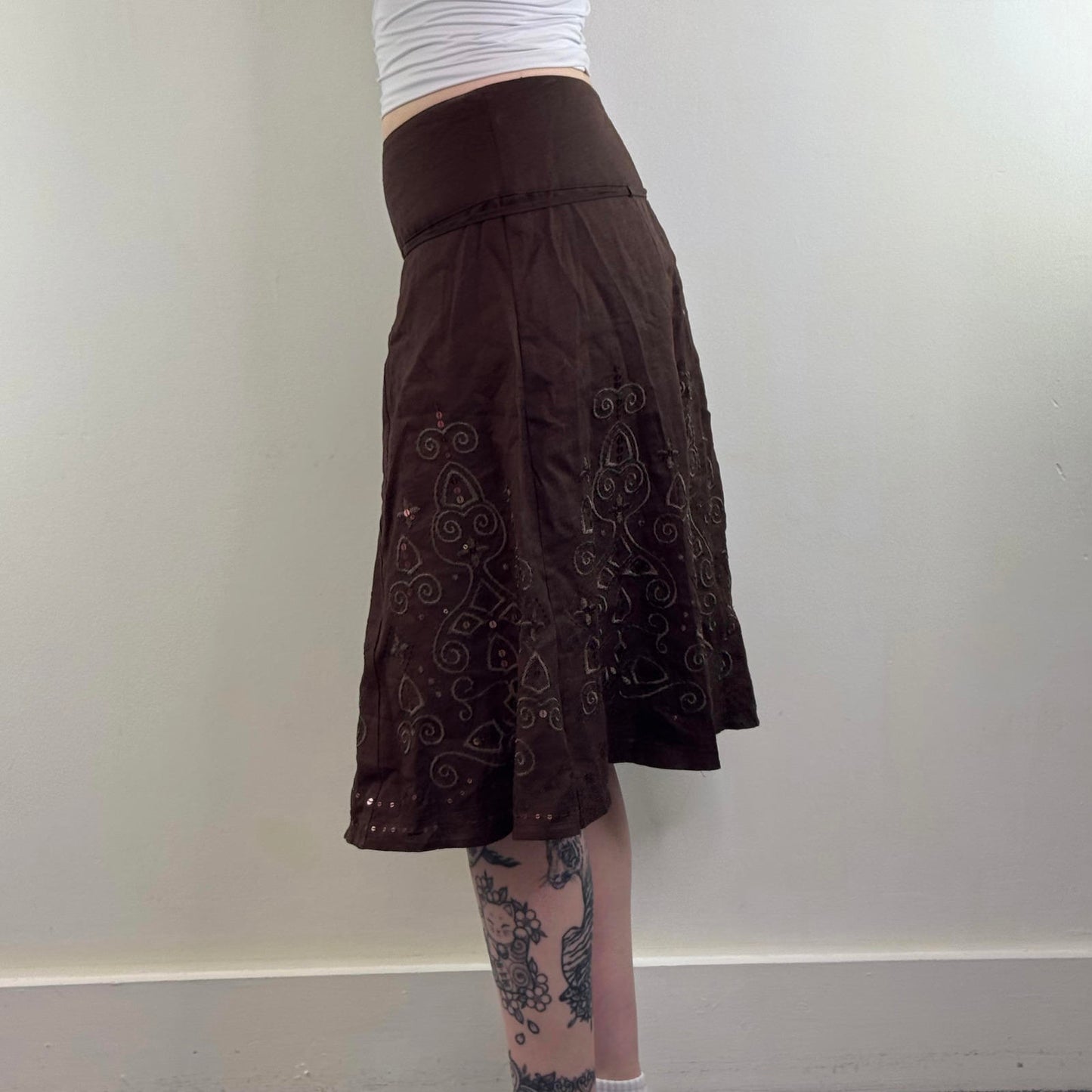 Y2K vintage 100% pure linen a line midi skirt sequin embroidered pattern bow