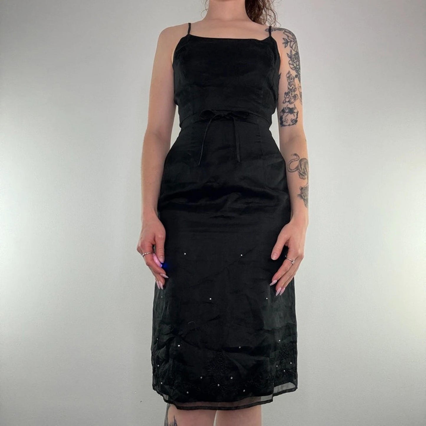 Y2K vintage 100% silk midi dress a line rhinestone floral embroidery bow