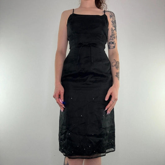 Y2K vintage 100% silk midi dress a line rhinestone floral embroidery bow