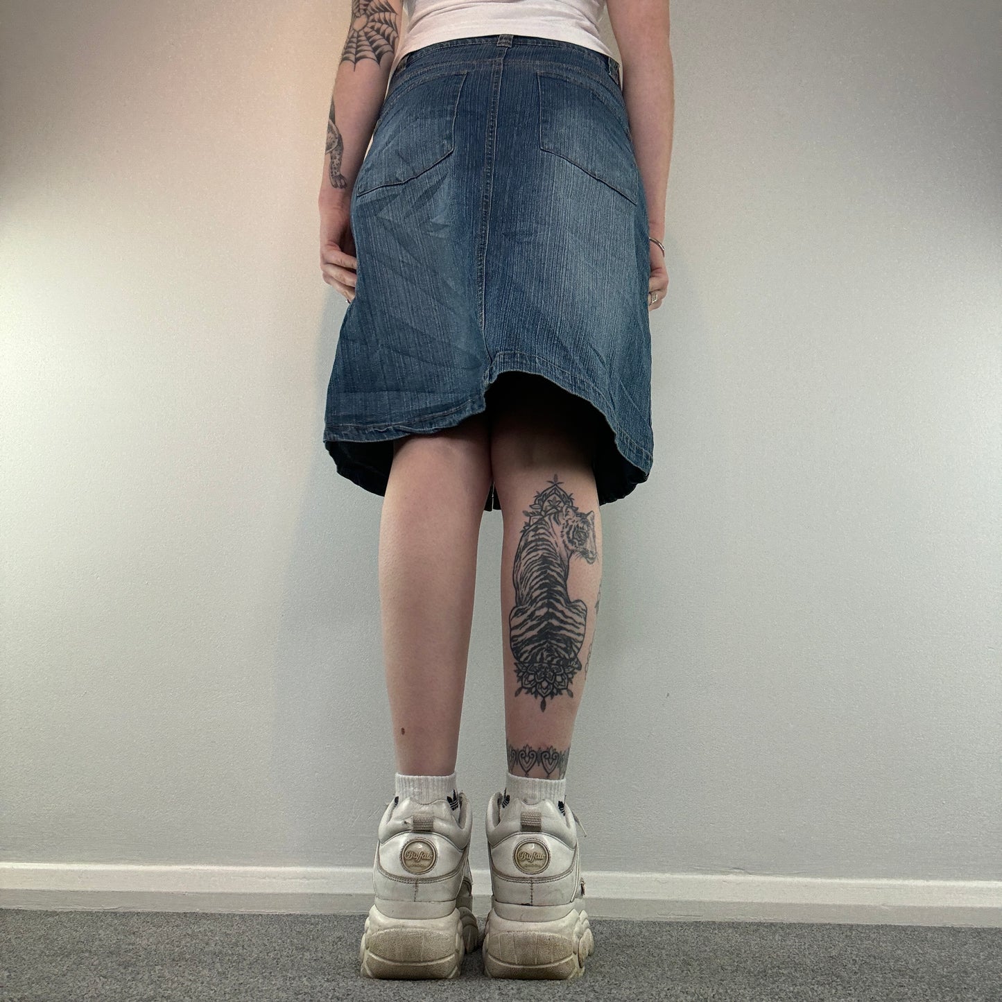 Y2K cargo faded denim midi skirt