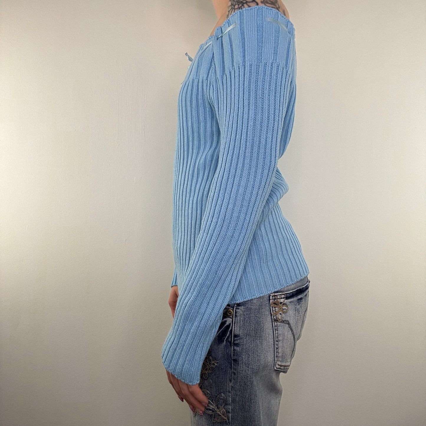 Y2K vintage knit jumper bow off the shoulder chunky slouchy ribbon long sleeve