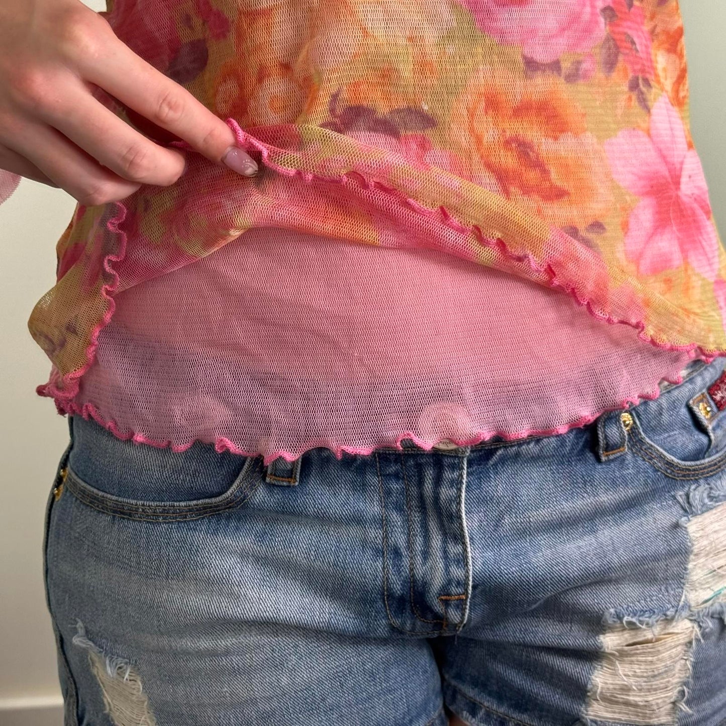 Y2K vintage floral double mesh overlay 3/4 sleeve top v neck frill pink orange