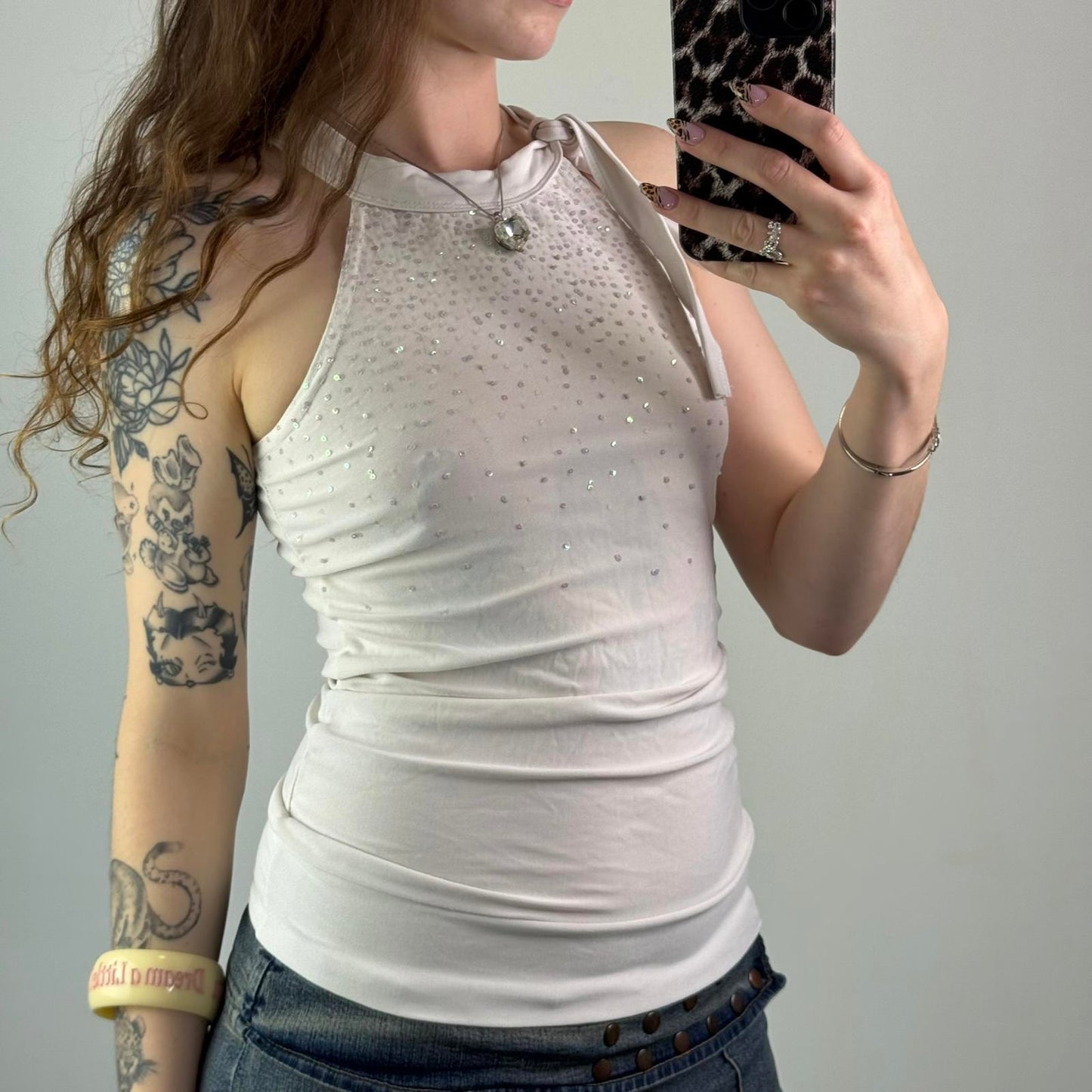 Y2K vintage sequin embellished high neck tank top bow stretchy white