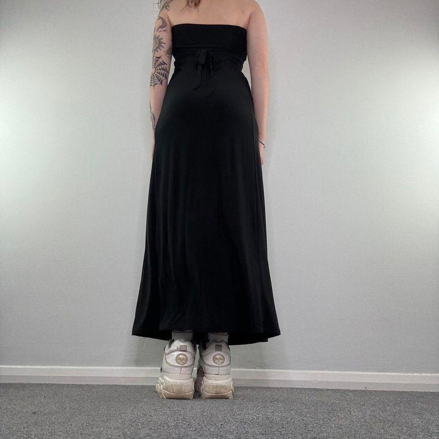 Y2K vintage slinky strapless ruched bust summer maxi dress stretchy tie back bow