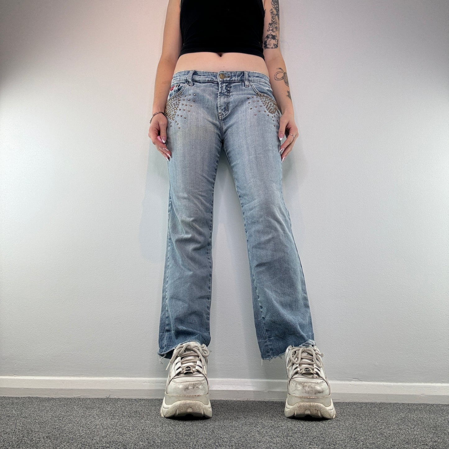 Y2K low rise studded bootcut jeans