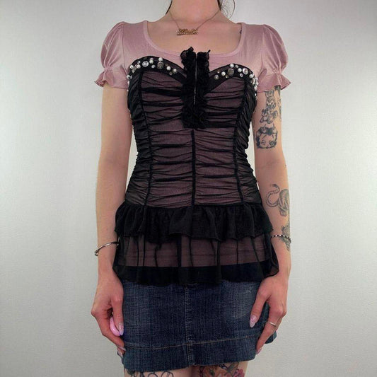 Y2K vintage ruched mesh hook and eye pearl corset style top tiered short sleeve