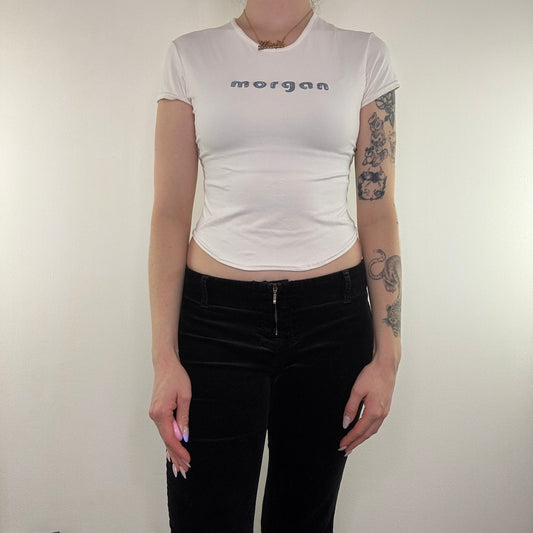 Y2K vintage Morgan De Toi slinky baby tee top denim text style