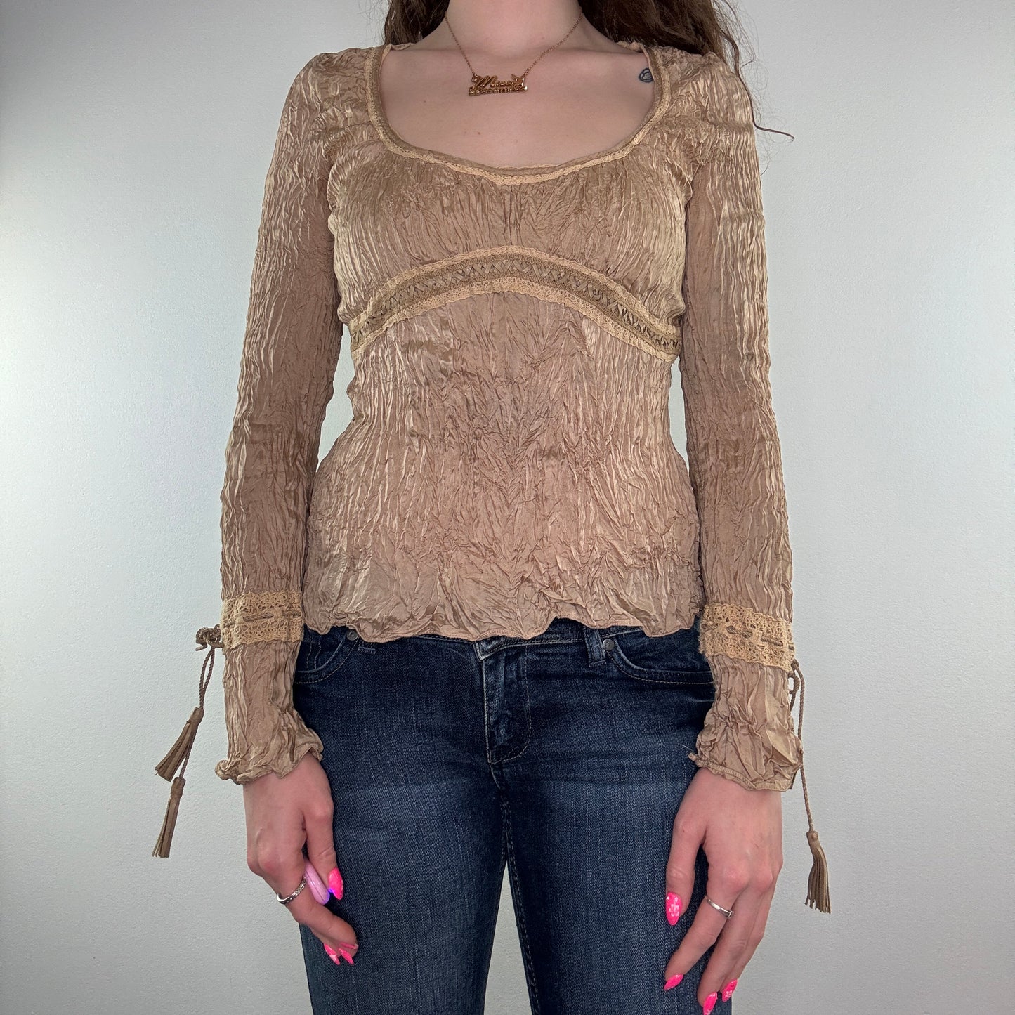 Y2K Karen Millen crinkle lace trim long sleeve top