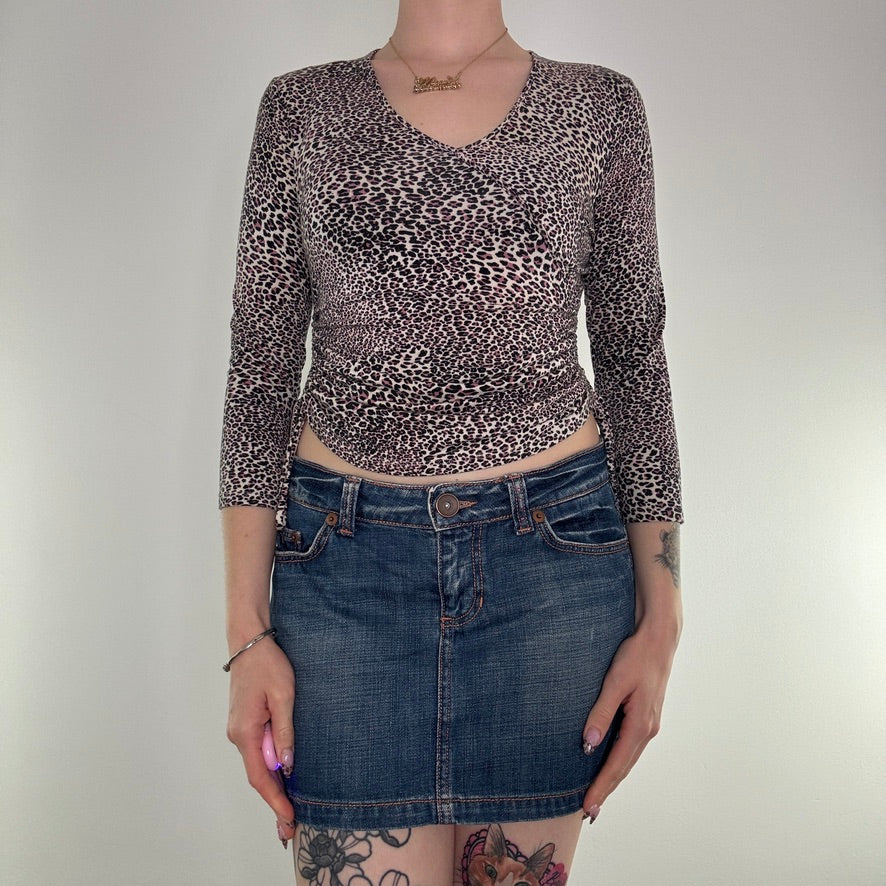 Y2K vintage top leopard print ruched 3/4 sleeve v neck