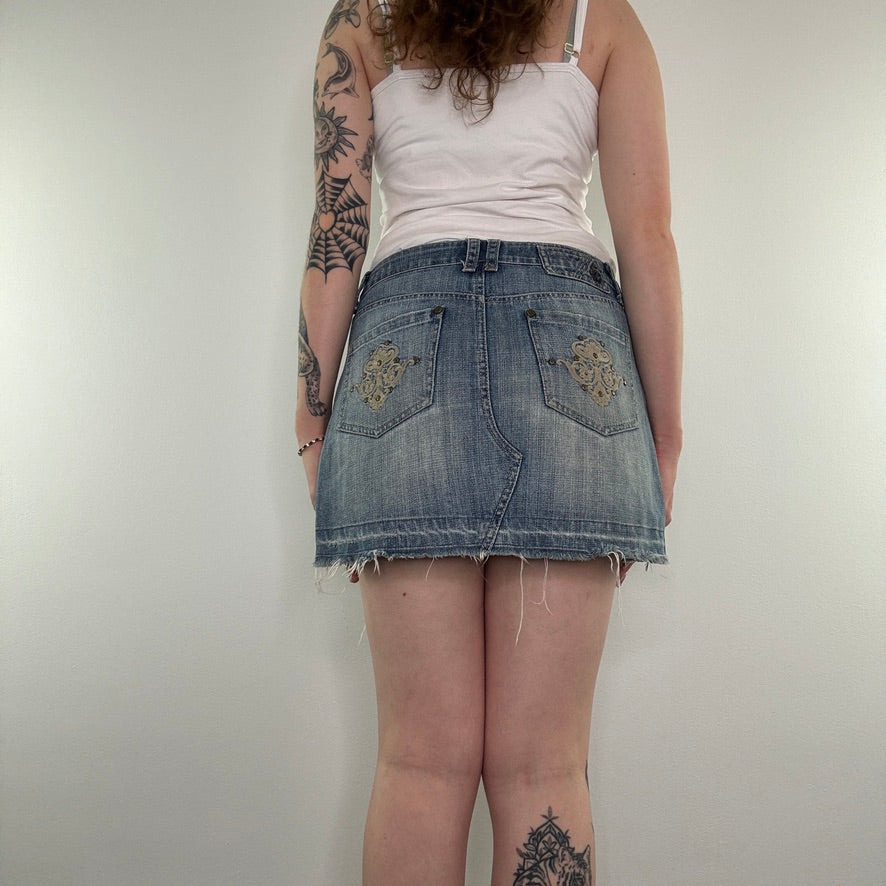 Y2K vintage studded embroidery faded denim low rise mini skirt